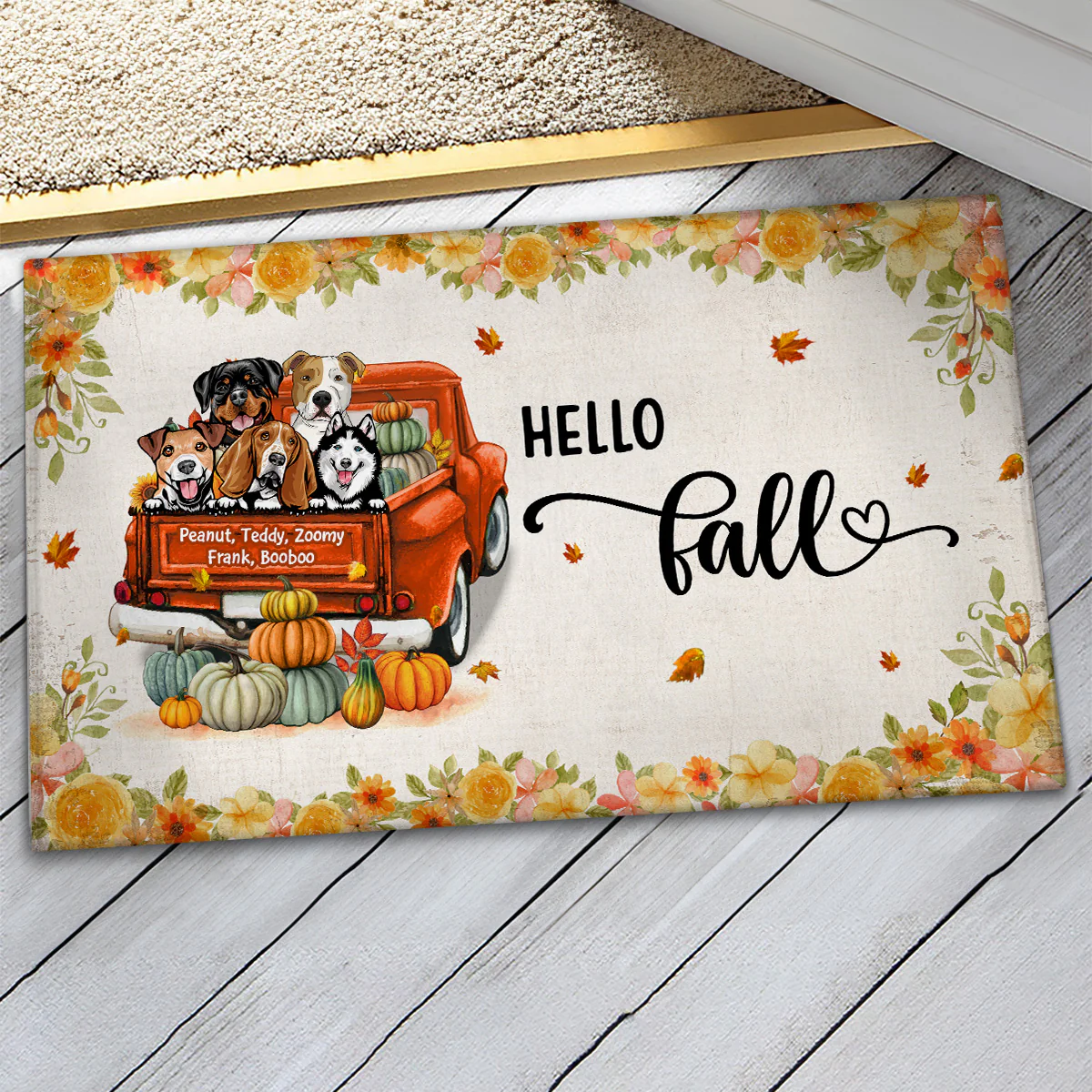 Hello Fall Dogs On Truck Personalized Doormat - Image 3