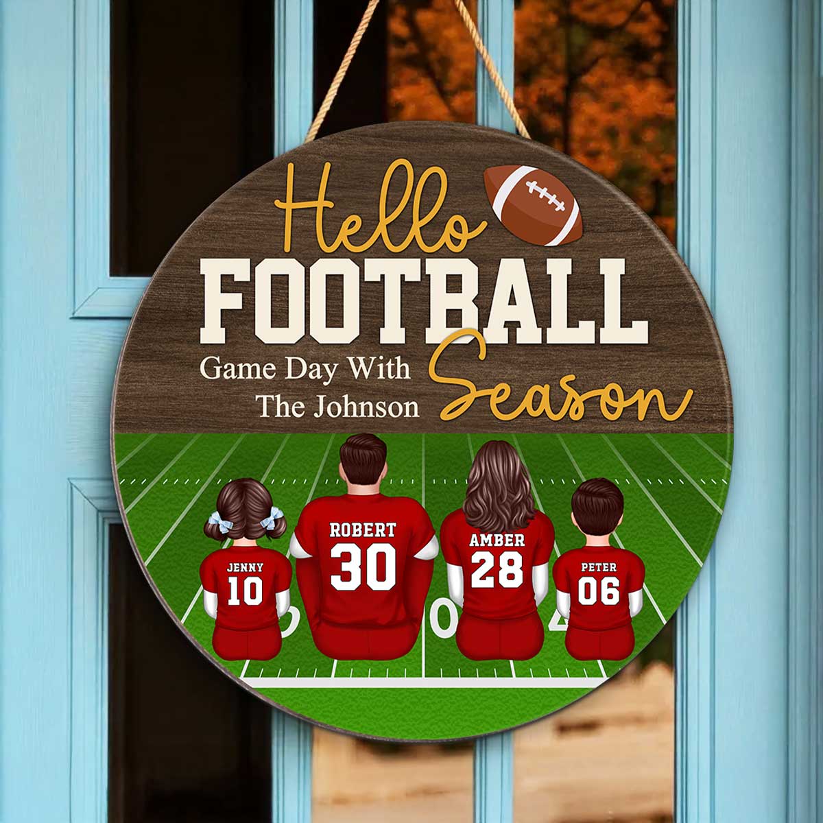 Hello Football Season Personalized Round Door Hanger, Family Fall Decor - Image 2