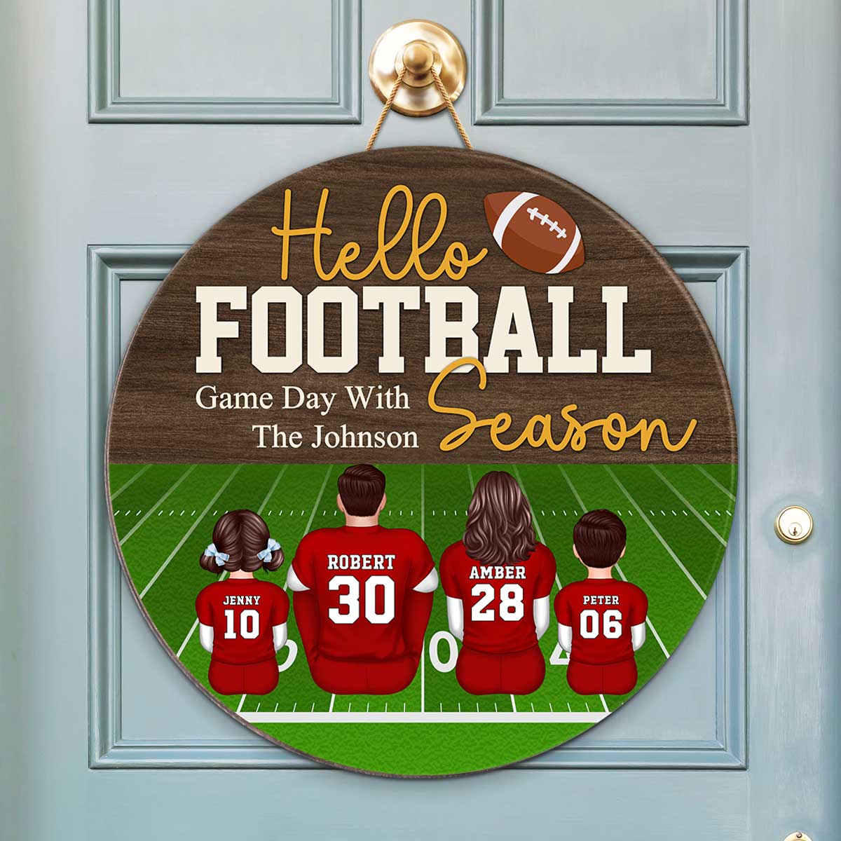 Hello Football Season Personalized Round Door Hanger, Family Fall Decor - Image 3