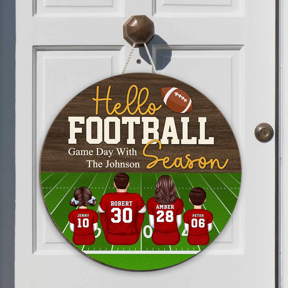 Hello Football Season Personalized Round Door Hanger, Family Fall Decor - Image 4