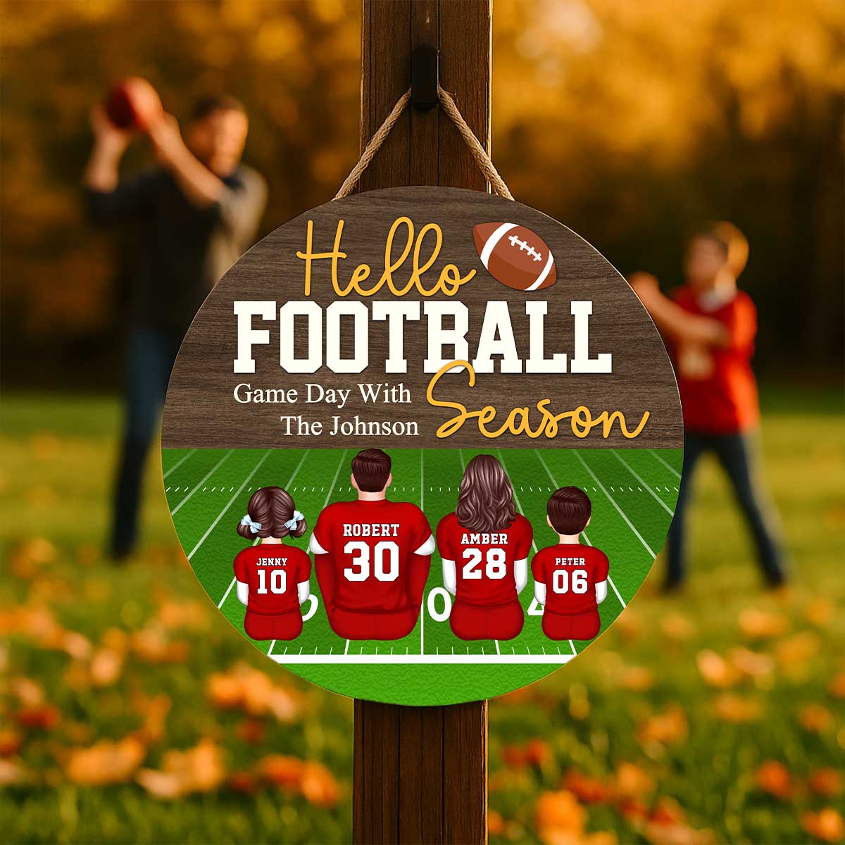 Hello Football Season Personalized Round Door Hanger, Family Fall Decor - Image 5