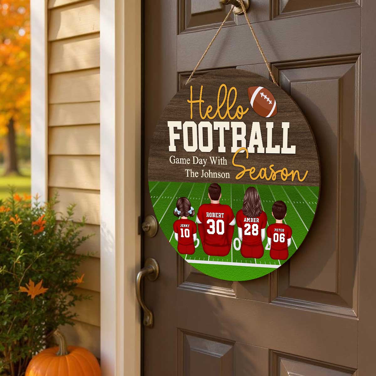 Hello Football Season Personalized Round Door Hanger, Family Fall Decor - Image 7