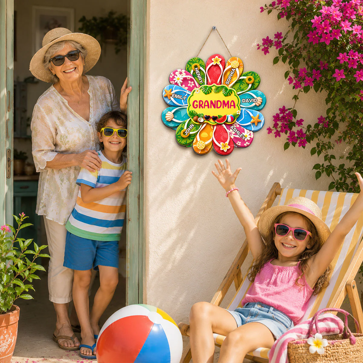 Hello Summer Grandma Flip Flop Custom Grandkids Names - Personalized Wood Sign - Summer Decoration - Image 2