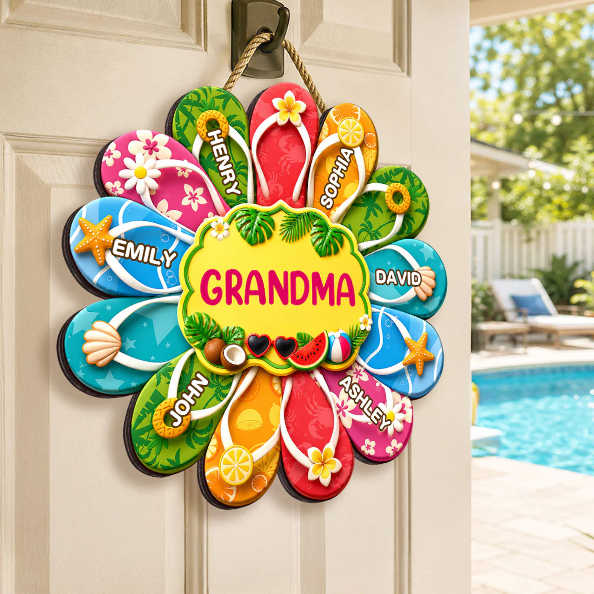 Hello Summer Grandma Flip Flop Custom Grandkids Names - Personalized Wood Sign - Summer Decoration - Image 5