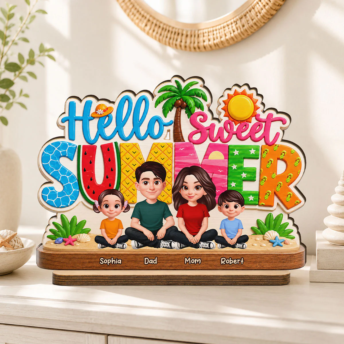 Hello Summer Vibe Family Grandpa Grandma Dad Mom Kids - Personalized 2-Layered Wooden Plaque - Gift For Family, Grandparents, Summer Decoration - Image 5