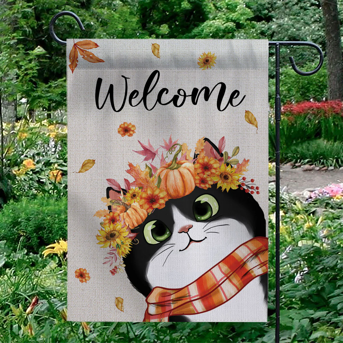 Hello Fall Cute Peeking Cat Personalized Garden Flag - Image 6