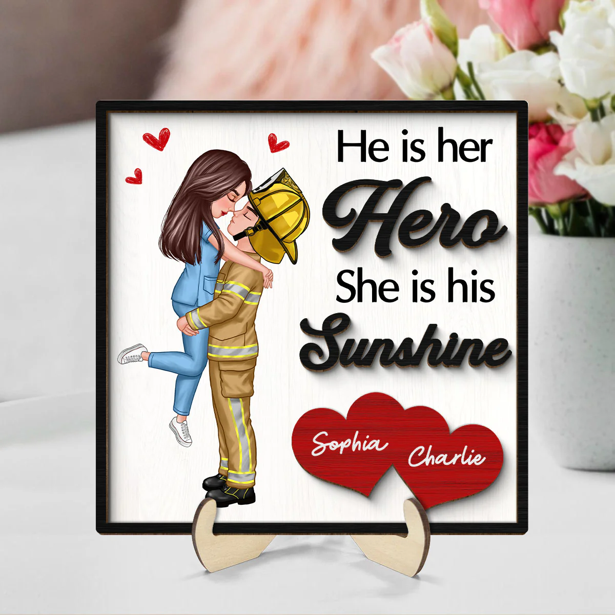 Her Hero His Sunshine Couple Valentine‘s Day Gifts by Occupation Gift For Her Gift For Him Firefighter, Nurse, Police Officer Personalized 2-Layer Wooden Plaque - Image 2