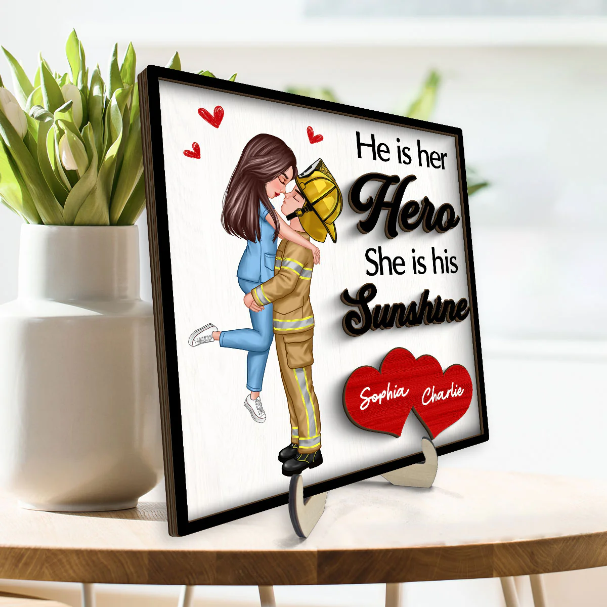 Her Hero His Sunshine Couple Valentine‘s Day Gifts by Occupation Gift For Her Gift For Him Firefighter, Nurse, Police Officer Personalized 2-Layer Wooden Plaque - Image 3