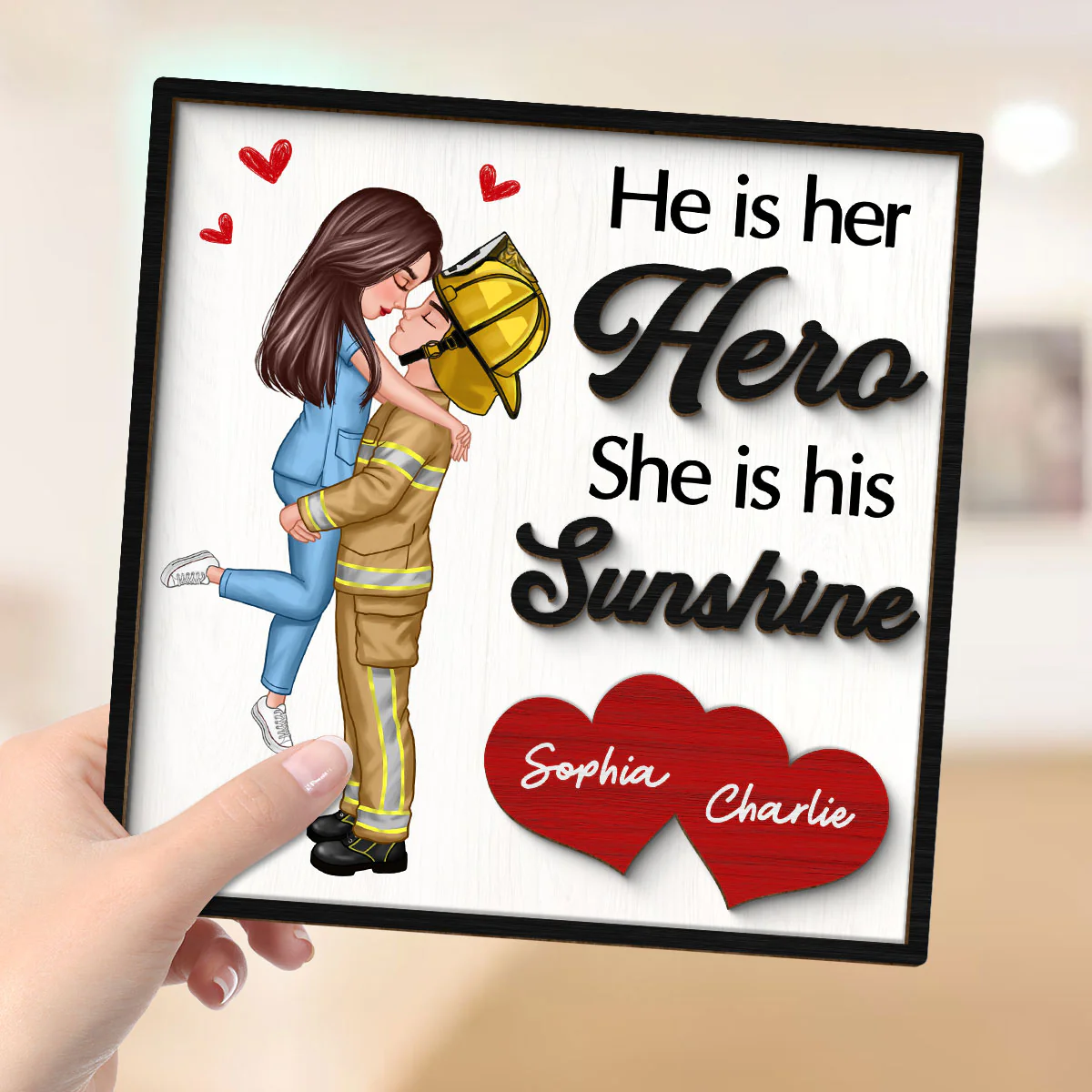 Her Hero His Sunshine Couple Valentine‘s Day Gifts by Occupation Gift For Her Gift For Him Firefighter, Nurse, Police Officer Personalized 2-Layer Wooden Plaque - Image 4