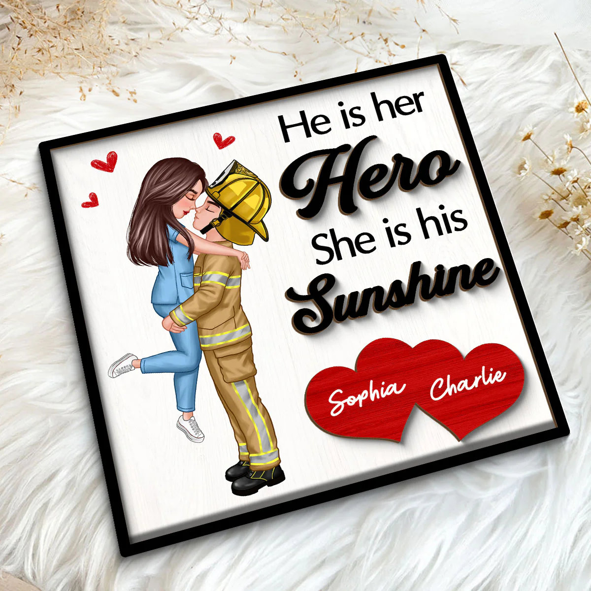 Her Hero His Sunshine Couple Valentine‘s Day Gifts by Occupation Gift For Her Gift For Him Firefighter, Nurse, Police Officer Personalized 2-Layer Wooden Plaque - Image 5