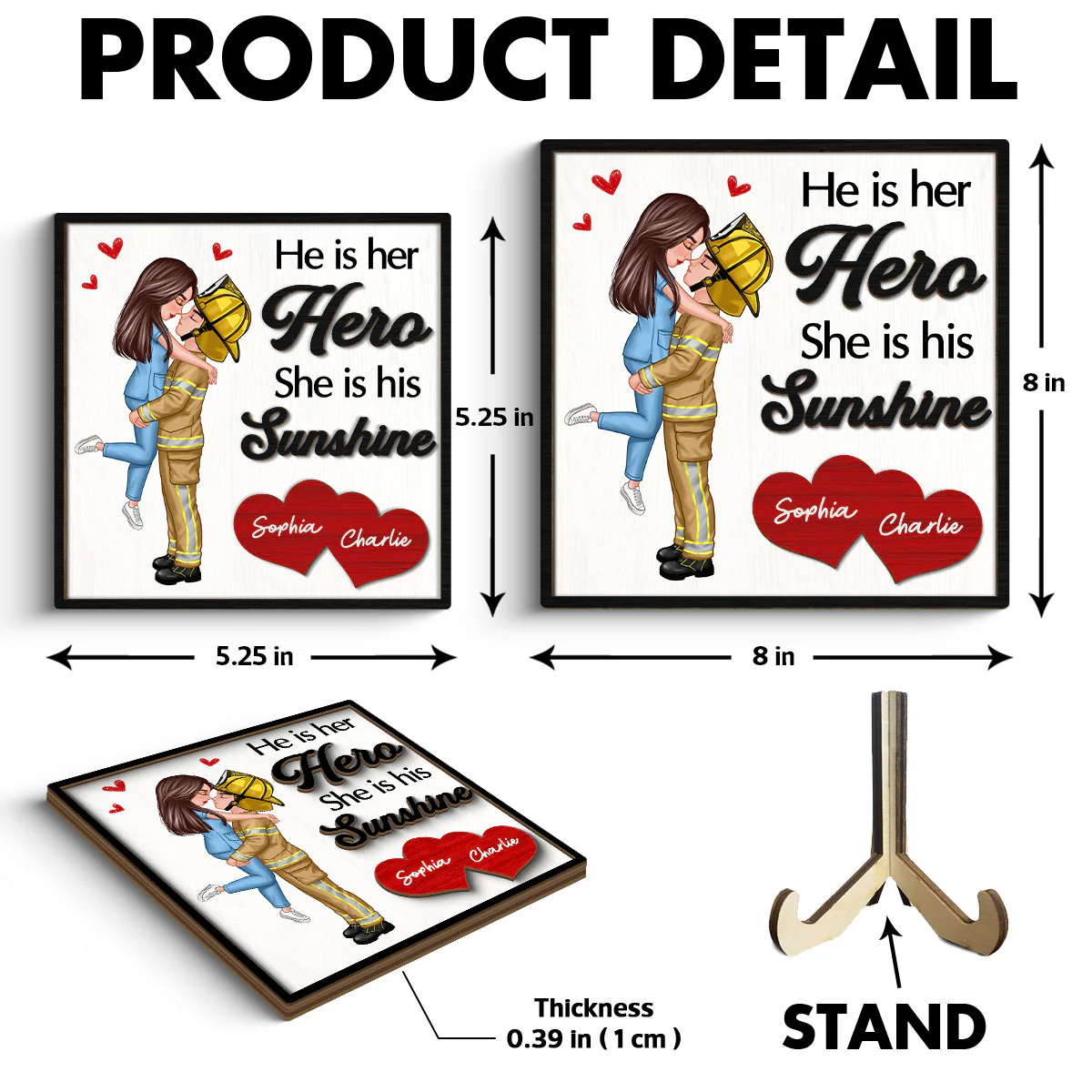 Her Hero His Sunshine Couple Valentine‘s Day Gifts by Occupation Gift For Her Gift For Him Firefighter, Nurse, Police Officer Personalized 2-Layer Wooden Plaque - Image 6
