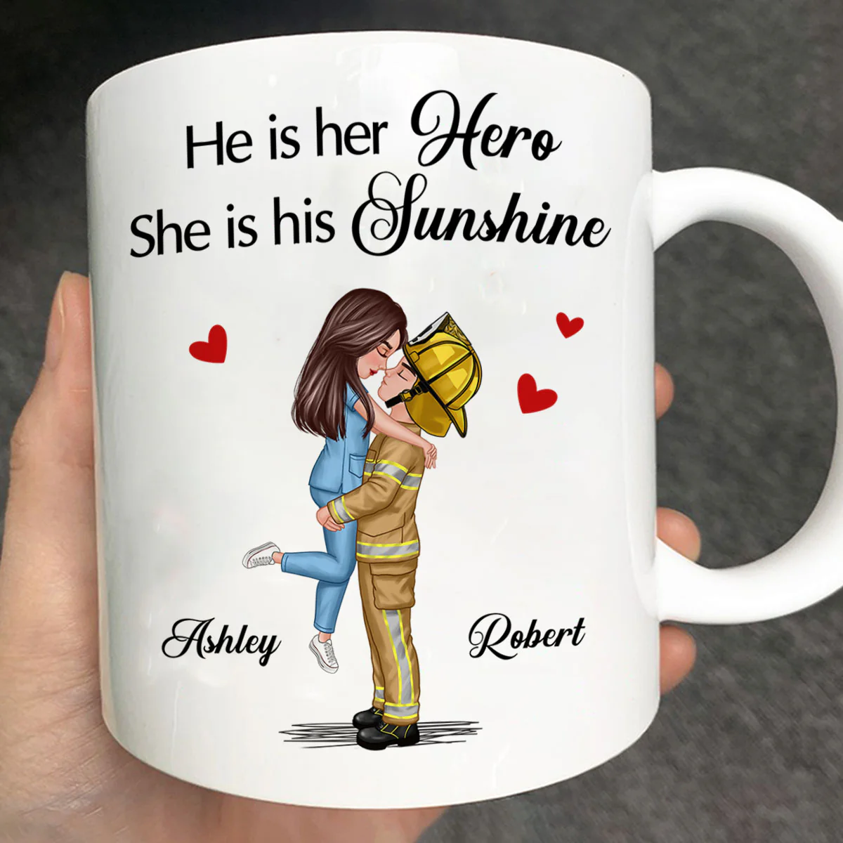 Her Hero His Sunshine Couple Valentine‘s Day Gifts by Occupation Gift For Her Gift For Him Firefighter, Nurse, Police Officer Personalized Mug - Image 2