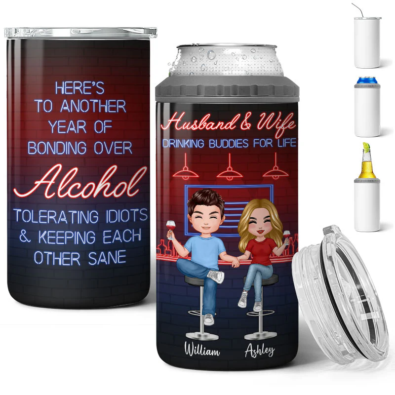 Here‘s To Another Year Funny Drinking Couple Multiple Use Tumbler - Personalized 4 In 1 Can Cooler - Day’s Gift For Him For Her - Image 2