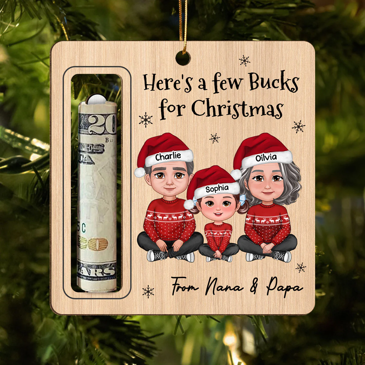 Here's A Few Bucks For Christmas For Grandchildren From Grandparents Personalized Money Holder Ornament - Image 3