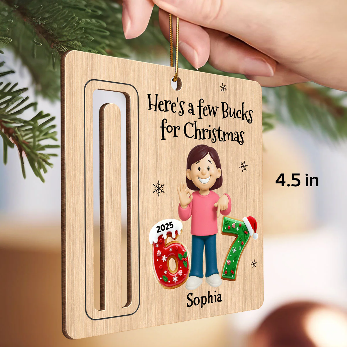 Here’s A Few Bucks For Christmas Kid Slang Trending 67 - Personalized Wooden Ornament - Holiday Money Holder - Image 2