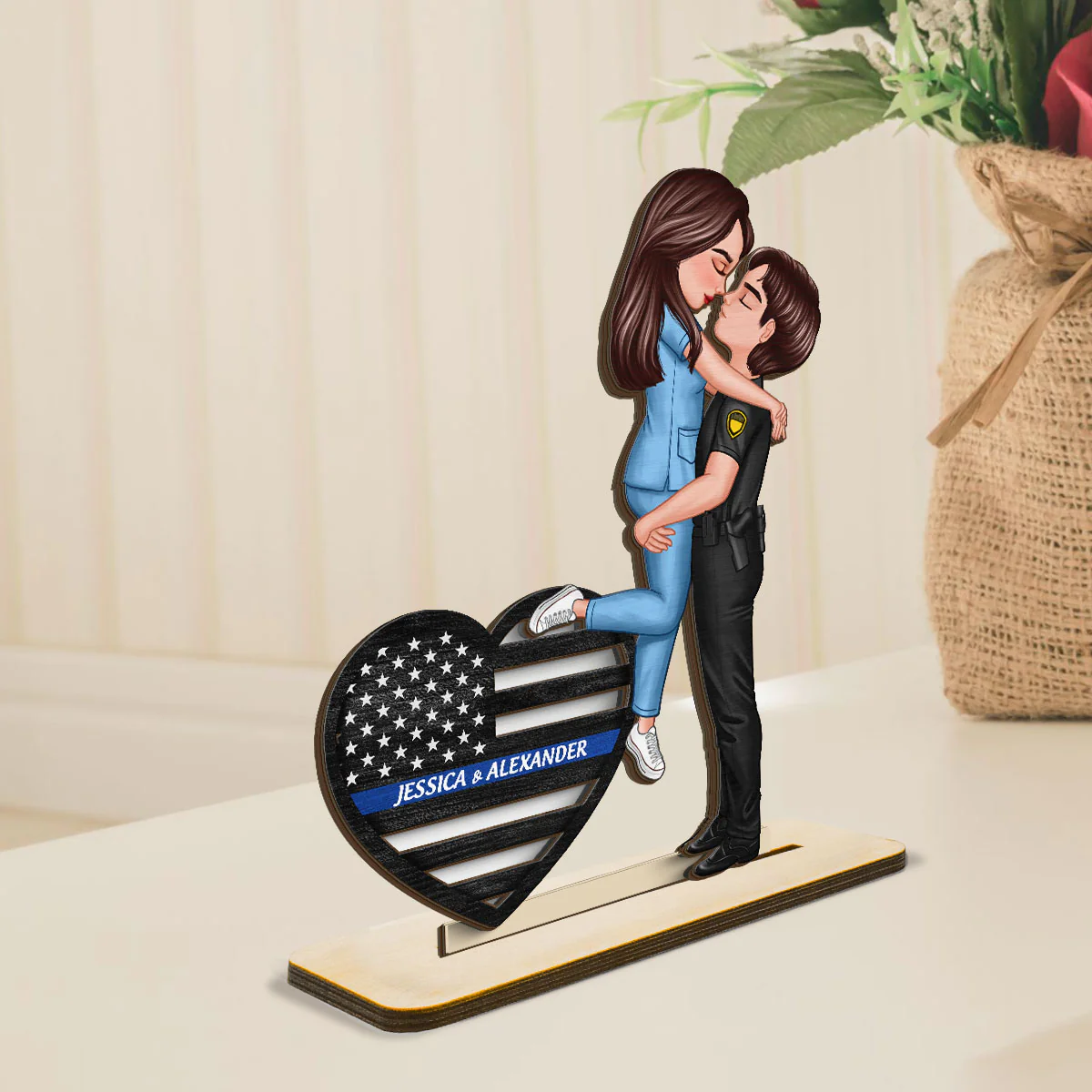 Hero Couple Hugging Kissing Keepsake Gift by Occupation Personalized 2-Layer Standing Wooden Plaque - Image 3