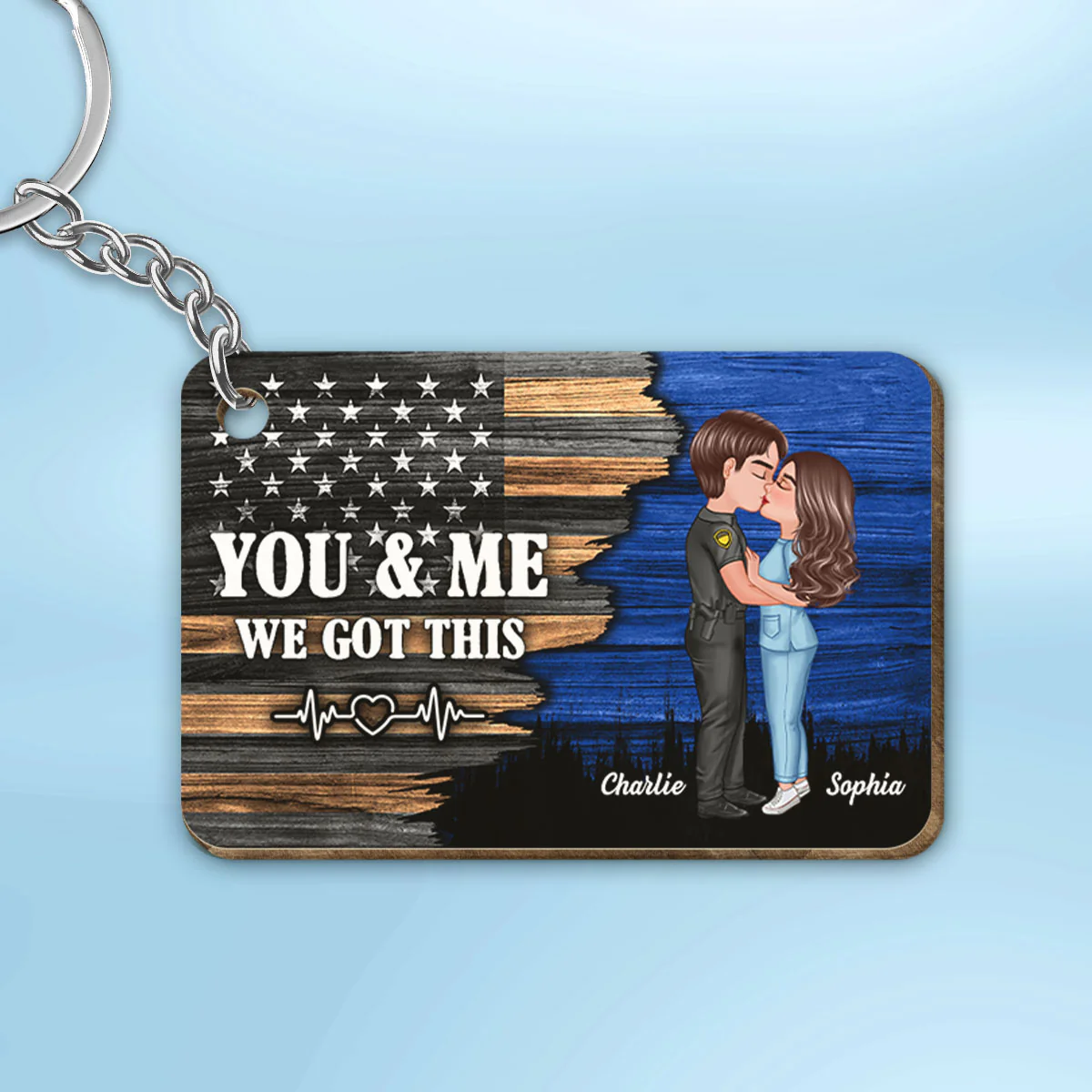 Hero Couple Kissing Half Flag Gift by Occupation Firefighter, Nurse, Police Officer Personalized Wooden Keychain - Image 2