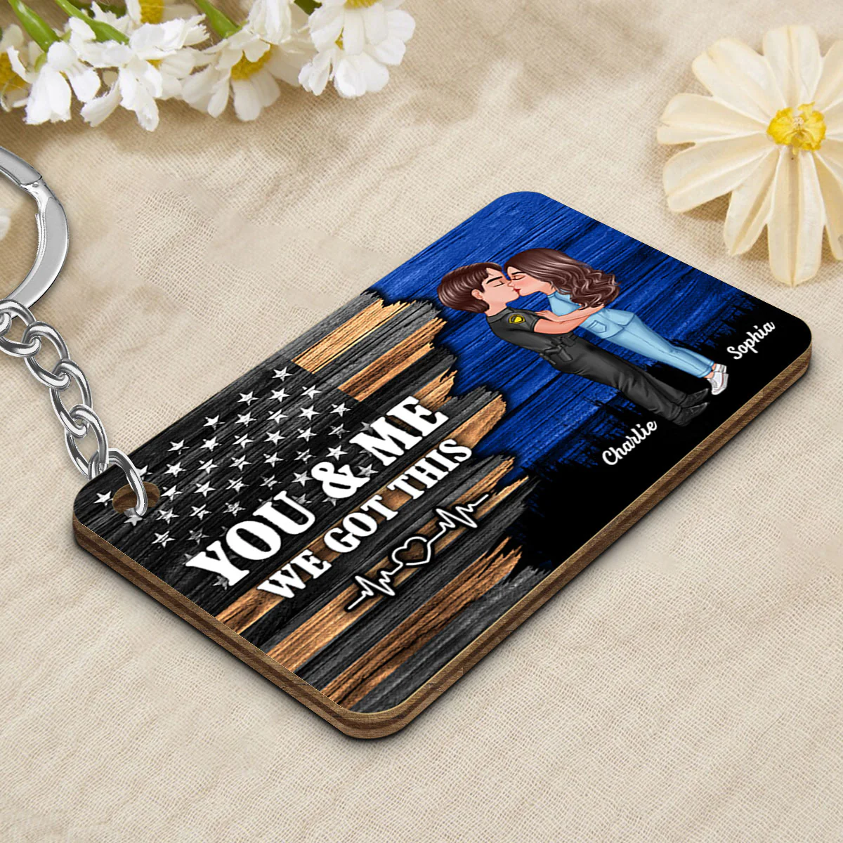 Hero Couple Kissing Half Flag Gift by Occupation Firefighter, Nurse, Police Officer Personalized Wooden Keychain - Image 3