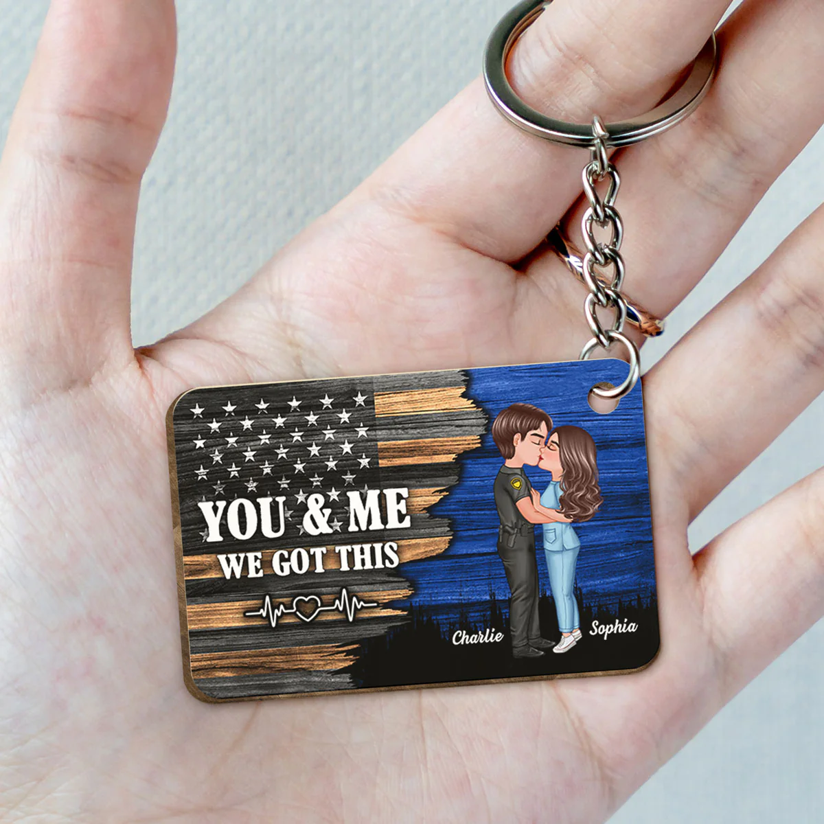 Hero Couple Kissing Half Flag Gift by Occupation Firefighter, Nurse, Police Officer Personalized Wooden Keychain - Image 4