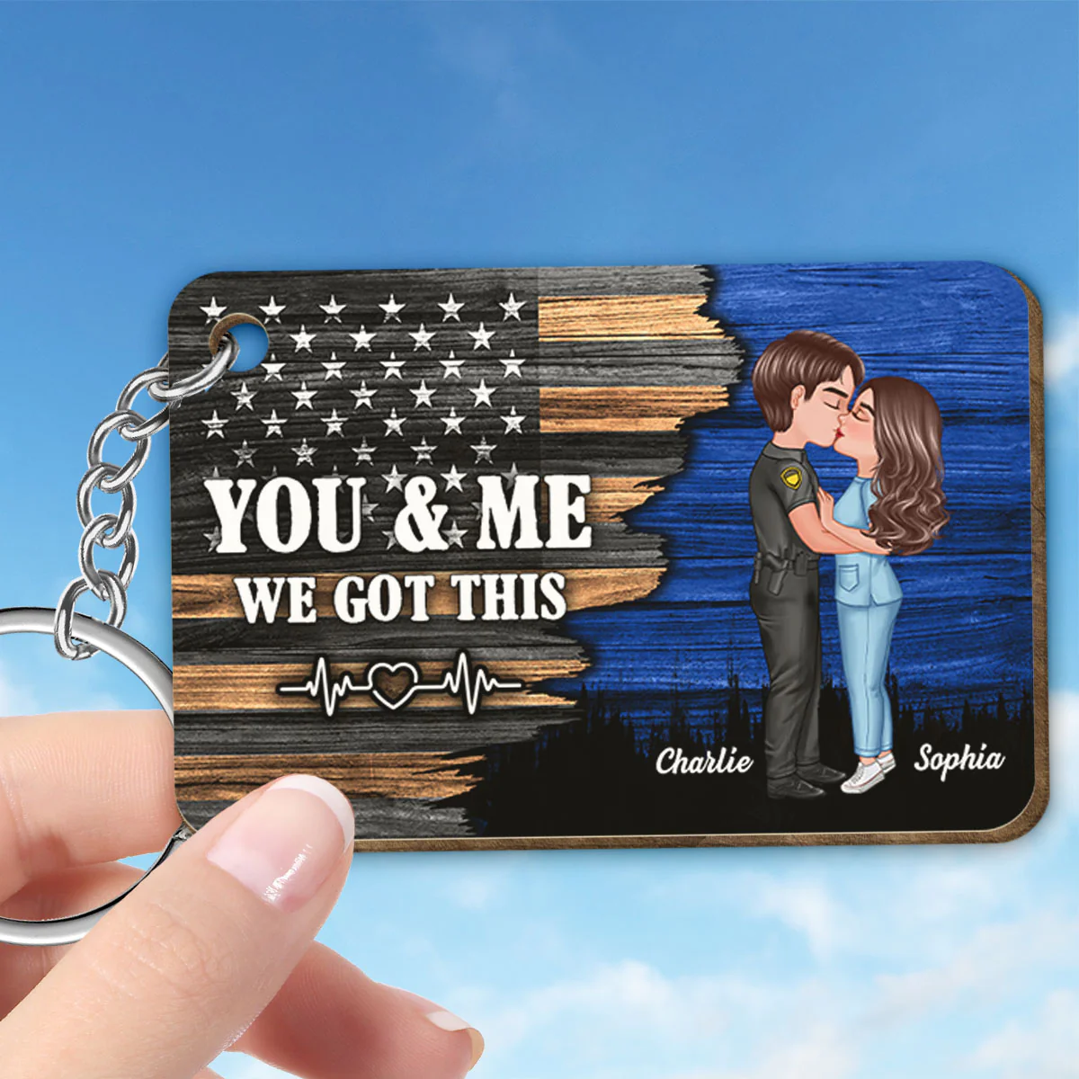 Hero Couple Kissing Half Flag Gift by Occupation Firefighter, Nurse, Police Officer Personalized Wooden Keychain - Image 5