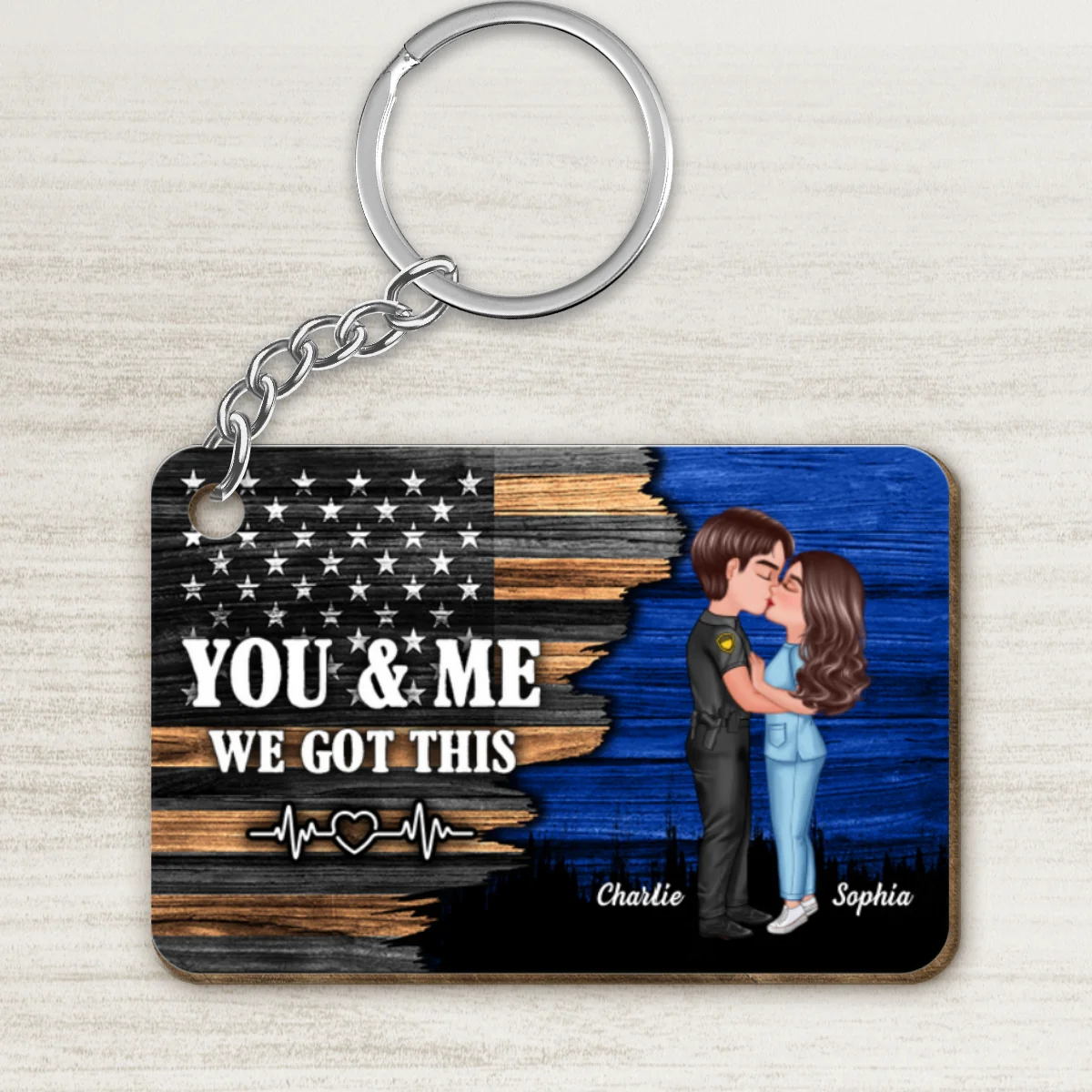 Hero Couple Kissing Half Flag Gift by Occupation Firefighter, Nurse, Police Officer Personalized Wooden Keychain - Image 8