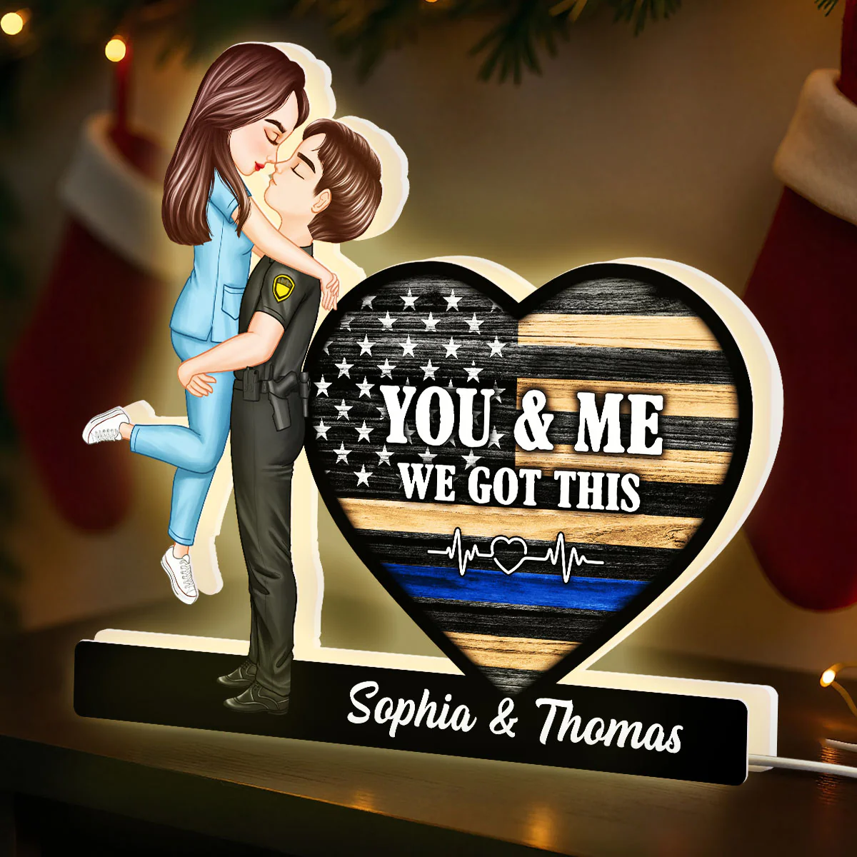 Hero Couple Kissing You & Me We Got This Job Occupation Flag Heart - Personalized Light Box - Image 10