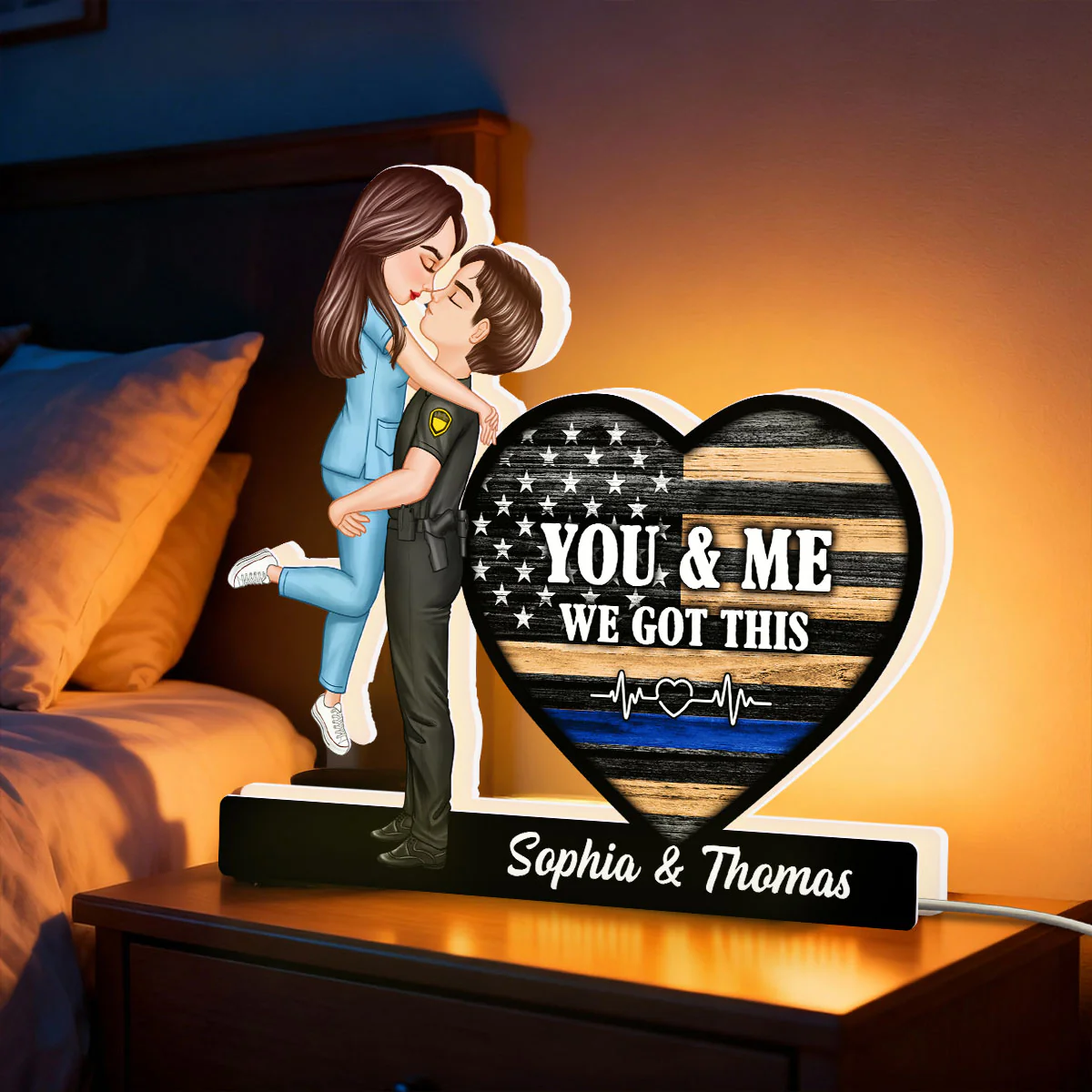 Hero Couple Kissing You & Me We Got This Job Occupation Flag Heart - Personalized Light Box - Image 12