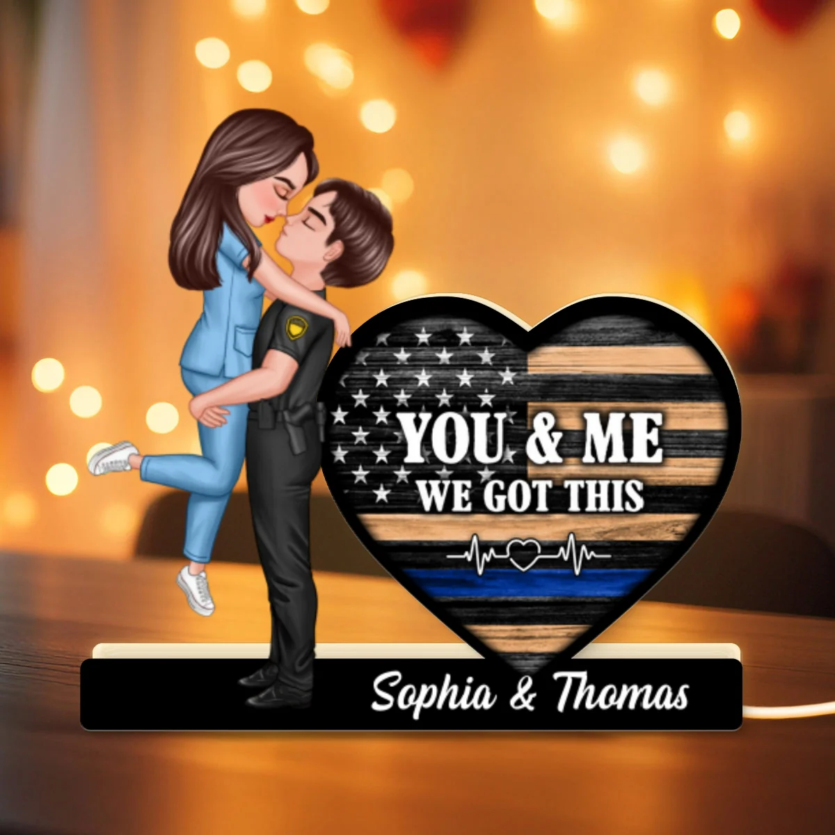 Hero Couple Kissing You & Me We Got This Job Occupation Flag Heart - Personalized Light Box - Image 14