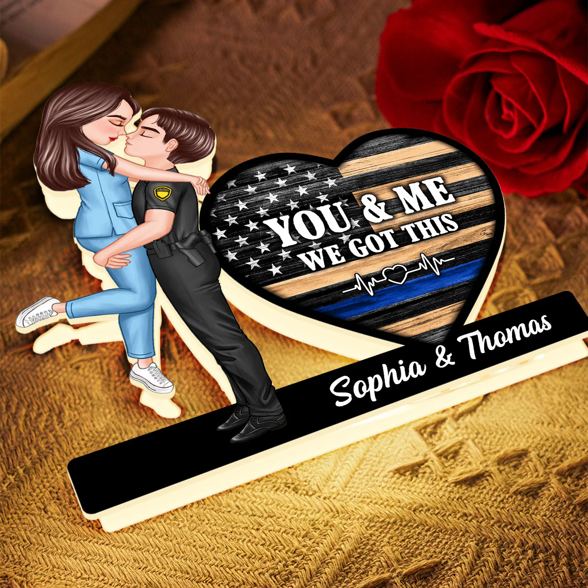 Hero Couple Kissing You & Me We Got This Job Occupation Flag Heart - Personalized Light Box - Image 8