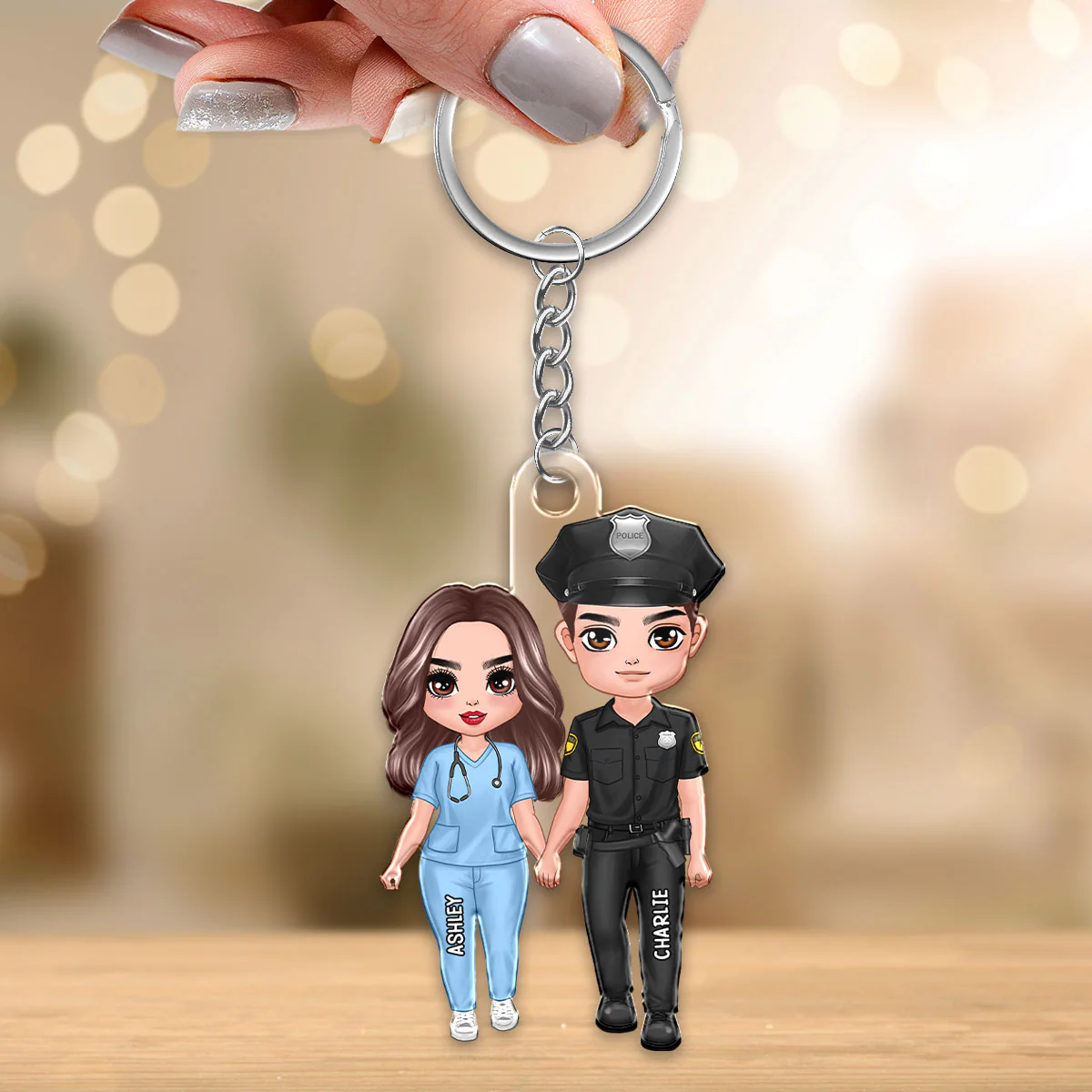 Hero Couple Standing Valentine‘s Day Gifts by Occupation Gift For Her Gift For Him Firefighter, Nurse, Police Officer Personalized Acrylic Keychain - Image 3