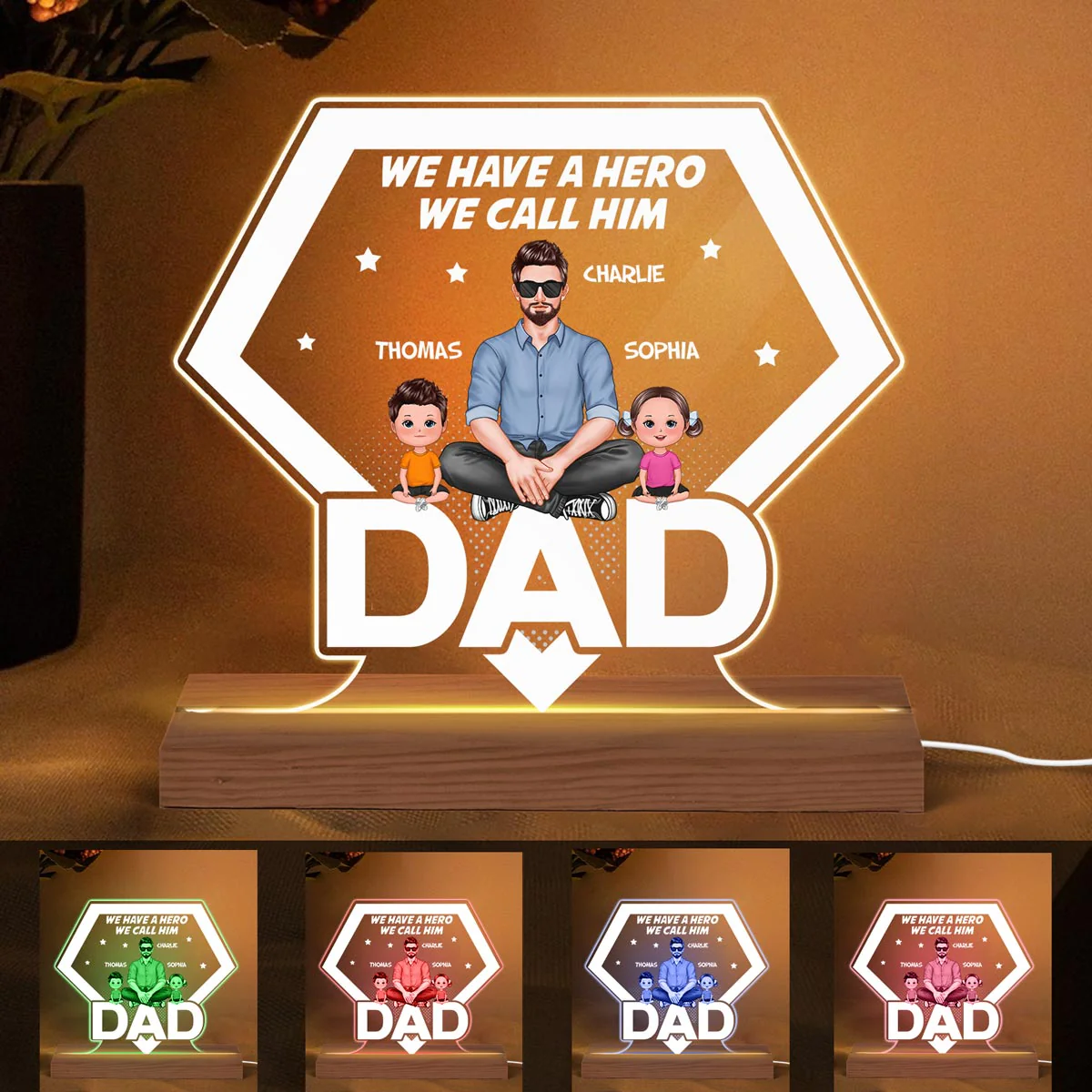 Hero Dad Real Man And Kids Personalized Acrylic Custom Shape LED Night Light