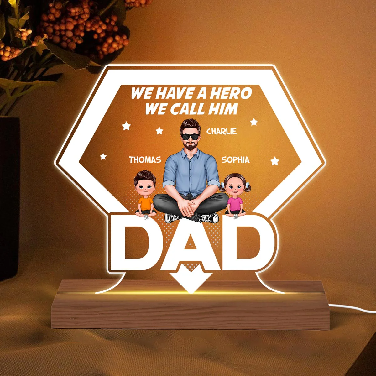 Hero Dad Real Man And Kids Personalized Acrylic Custom Shape LED Night Light - Image 3