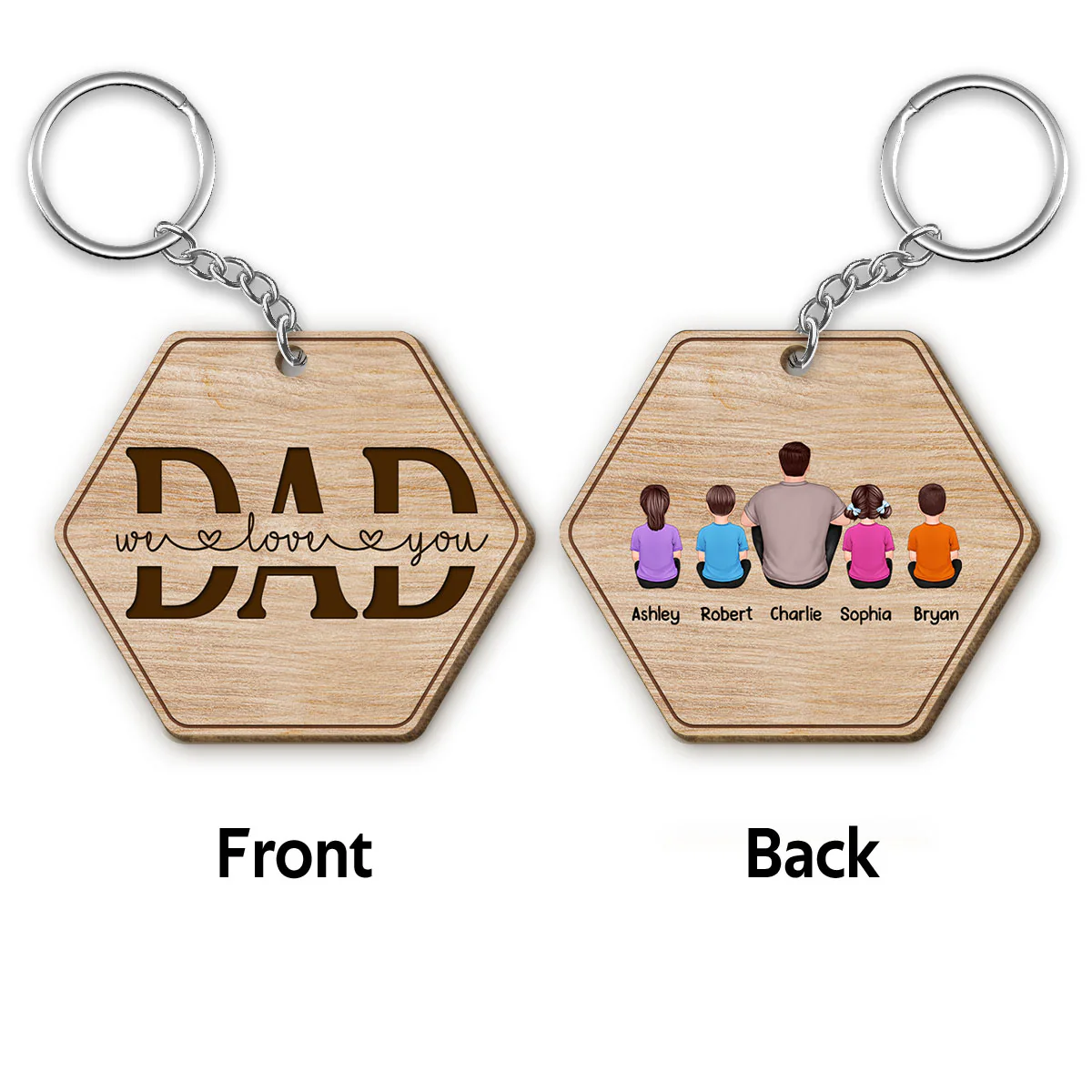 Hexagon Best Dad Ever Back View Man Kids Dog Cat Father‘s Day Gift Personalized Wooden Keychain