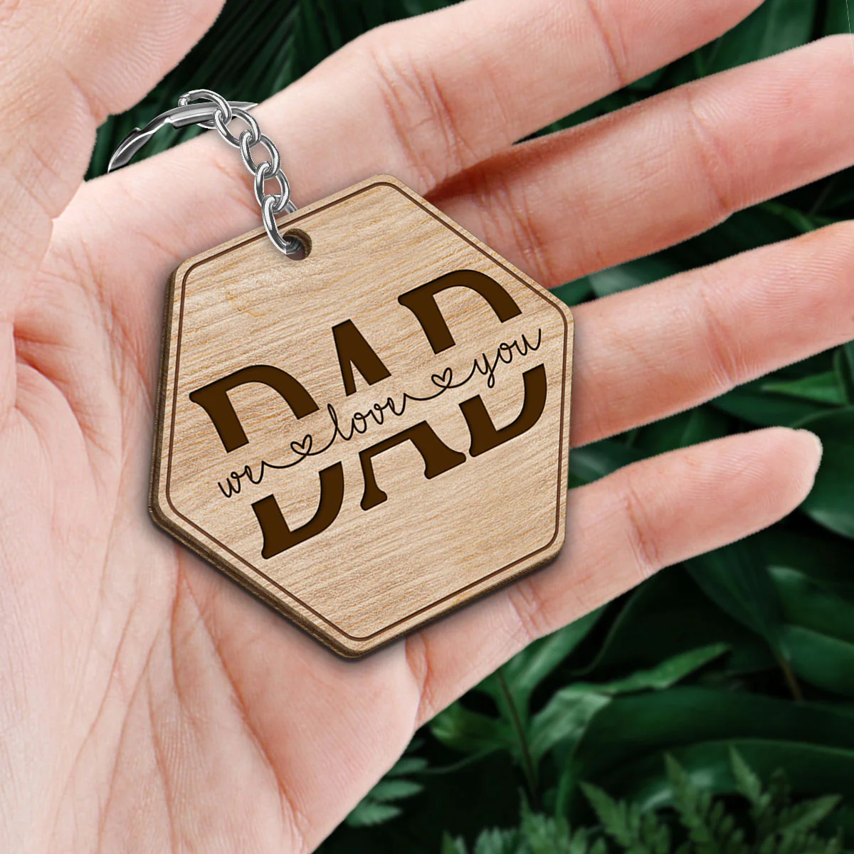 Hexagon Best Dad Ever Back View Man Kids Dog Cat Father‘s Day Gift Personalized Wooden Keychain - Image 2