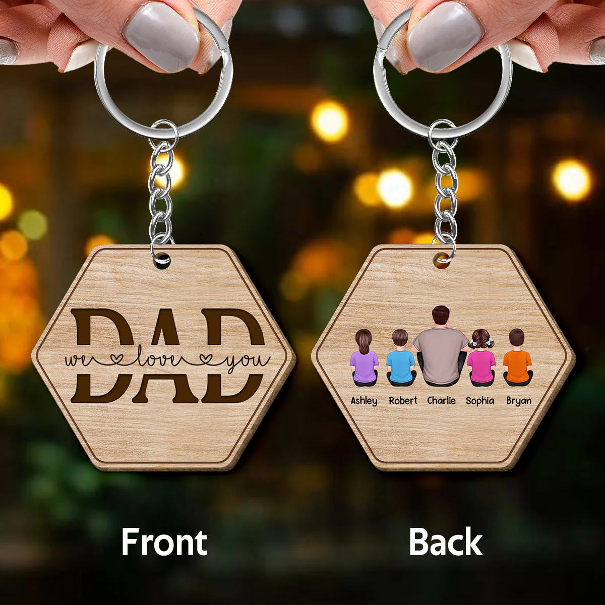 Hexagon Best Dad Ever Back View Man Kids Dog Cat Father‘s Day Gift Personalized Wooden Keychain - Image 3