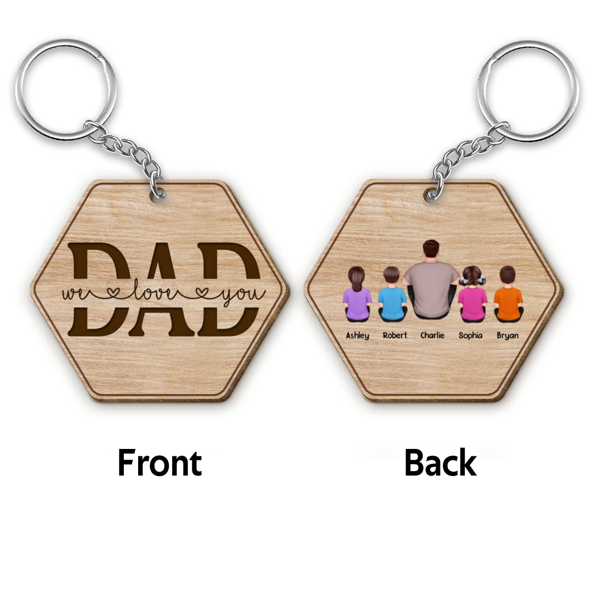 Hexagon Best Dad Ever Back View Man Kids Dog Cat Father‘s Day Gift Personalized Wooden Keychain - Image 4