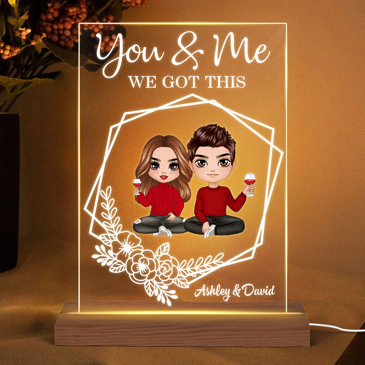 Hexagon Flowers Couple Personalized Plaque LED Night Light - Valentine‘s Day Gift - Gift For Him Gift For Her