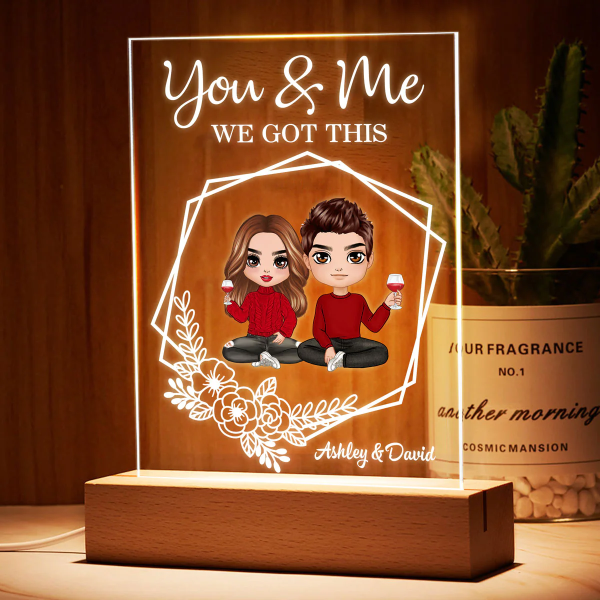 Hexagon Flowers Couple Personalized Plaque LED Night Light - Valentine‘s Day Gift - Gift For Him Gift For Her - Image 3