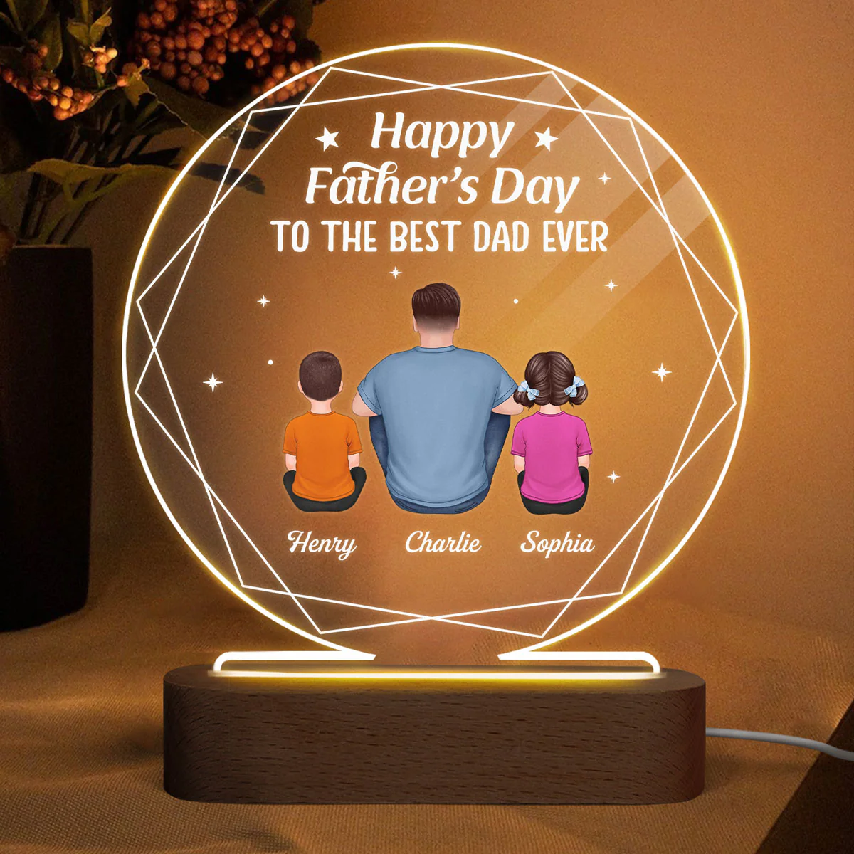 Hexagon Frame Best Dad Ever Back View Man Sitting With Kids Dogs Cats Personalized Circle Acrylic Plaque LED Night Light