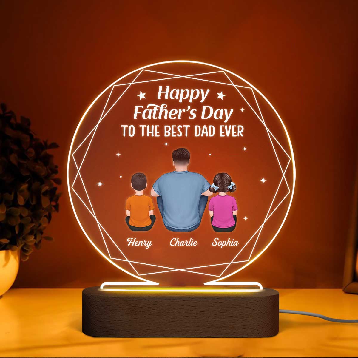 Hexagon Frame Best Dad Ever Back View Man Sitting With Kids Dogs Cats Personalized Circle Acrylic Plaque LED Night Light - Image 2
