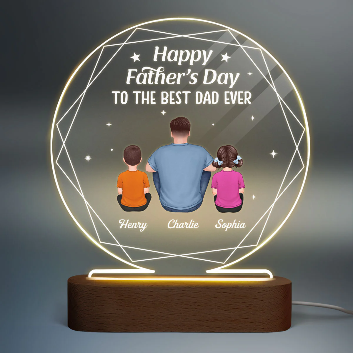 Hexagon Frame Best Dad Ever Back View Man Sitting With Kids Dogs Cats Personalized Circle Acrylic Plaque LED Night Light - Image 3