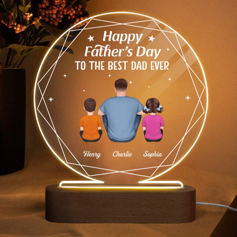 Hexagon Frame Best Dad Ever Back View Man Sitting With Kids Dogs Cats Personalized Circle Acrylic Plaque LED Night Light - Image 4