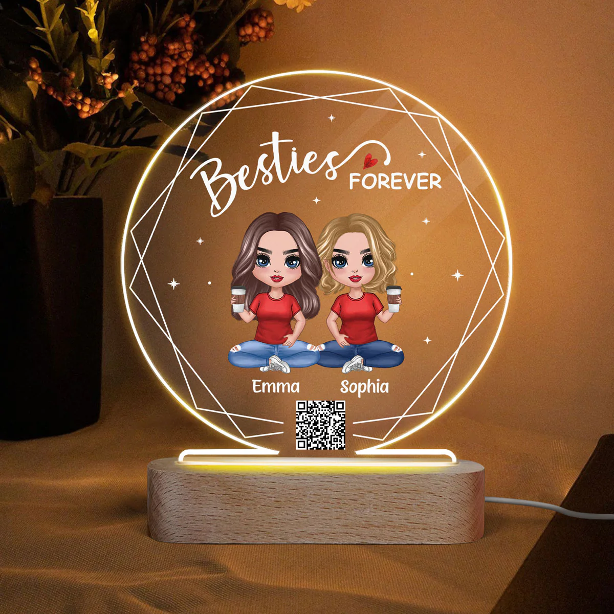 Hexagon Frame Doll Besties Sitting Personalized Circle Acrylic Plaque LED Night Light