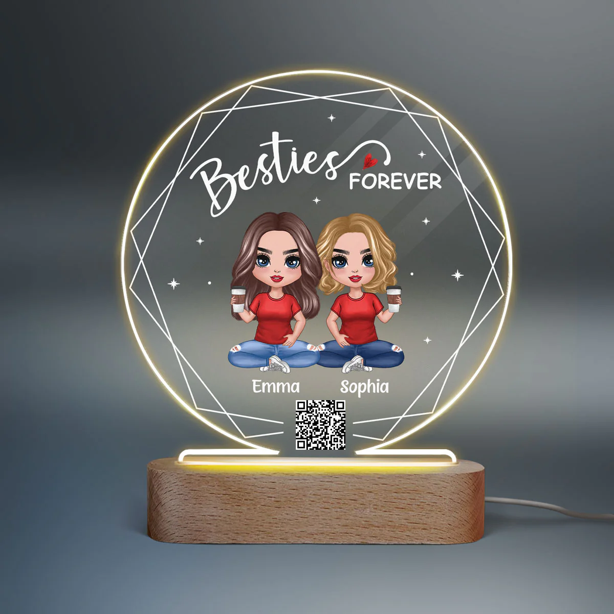 Hexagon Frame Doll Besties Sitting Personalized Circle Acrylic Plaque LED Night Light - Image 2