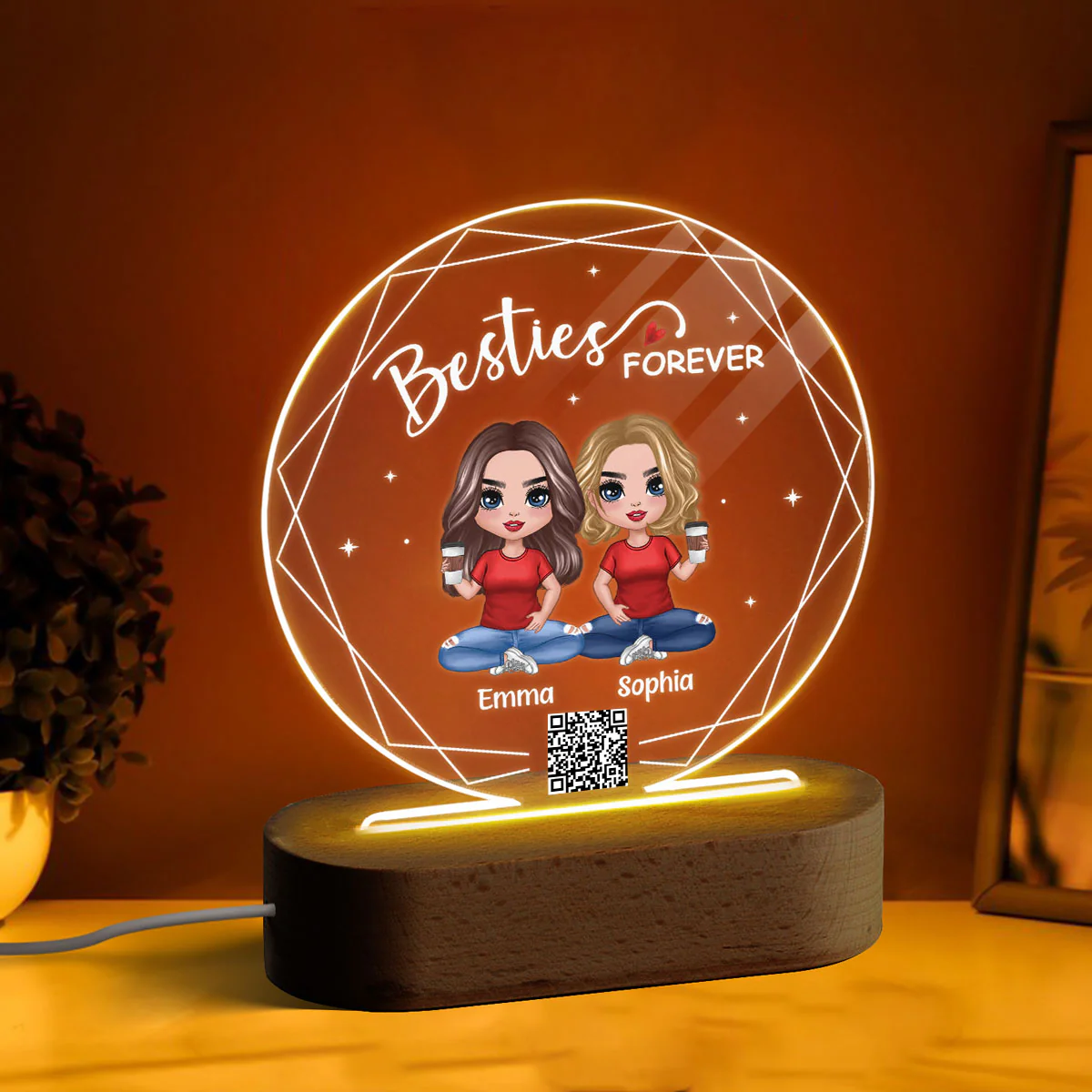 Hexagon Frame Doll Besties Sitting Personalized Circle Acrylic Plaque LED Night Light - Image 3