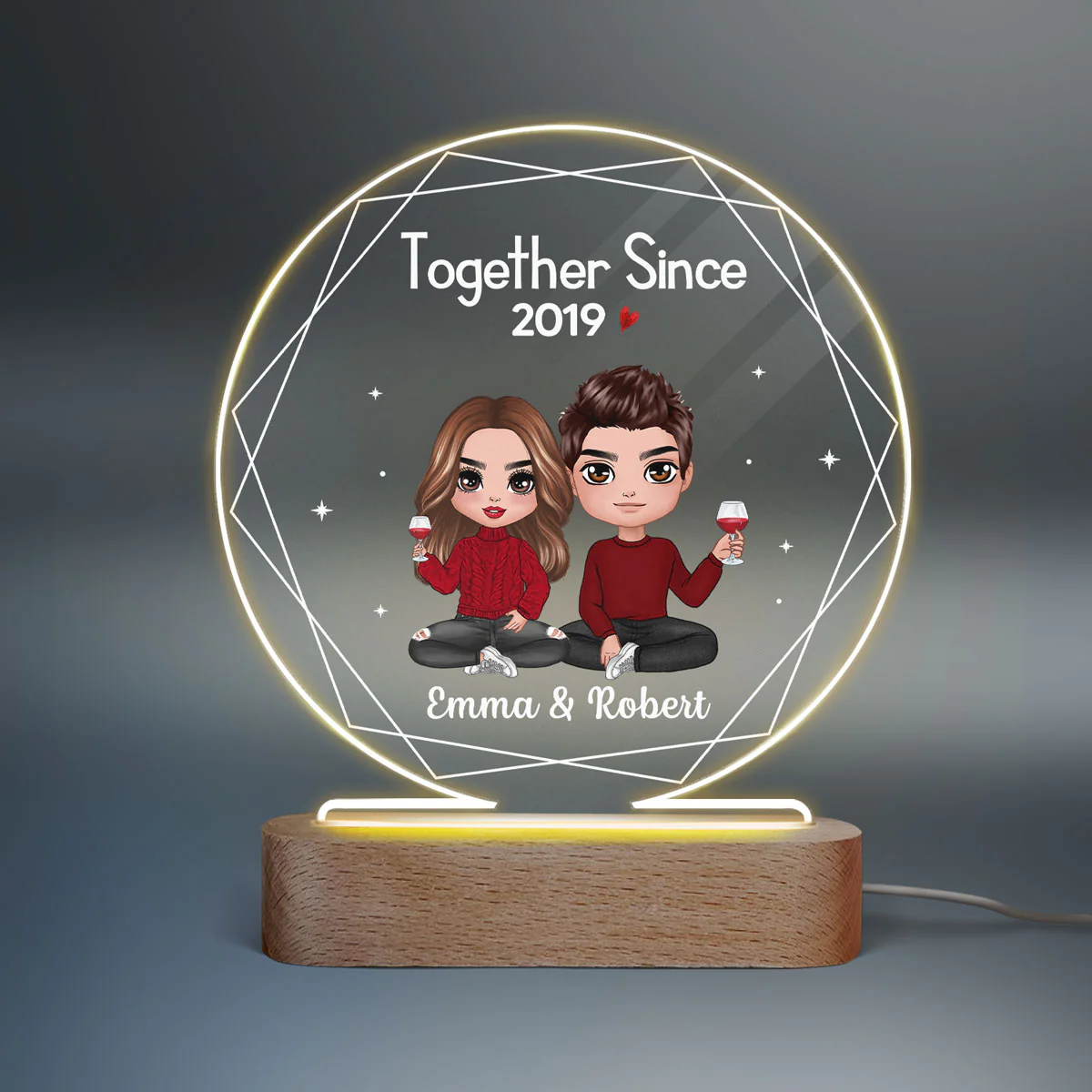 Hexagon Frame Doll Couple Sitting Personalized Circle Acrylic Plaque LED Lamp Night Light - Image 2