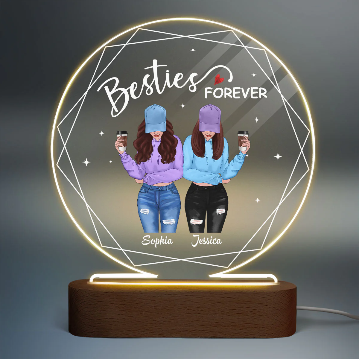 Hexagon Frame Front View Besties Personalized Circle Acrylic Plaque LED Light Night - Image 2