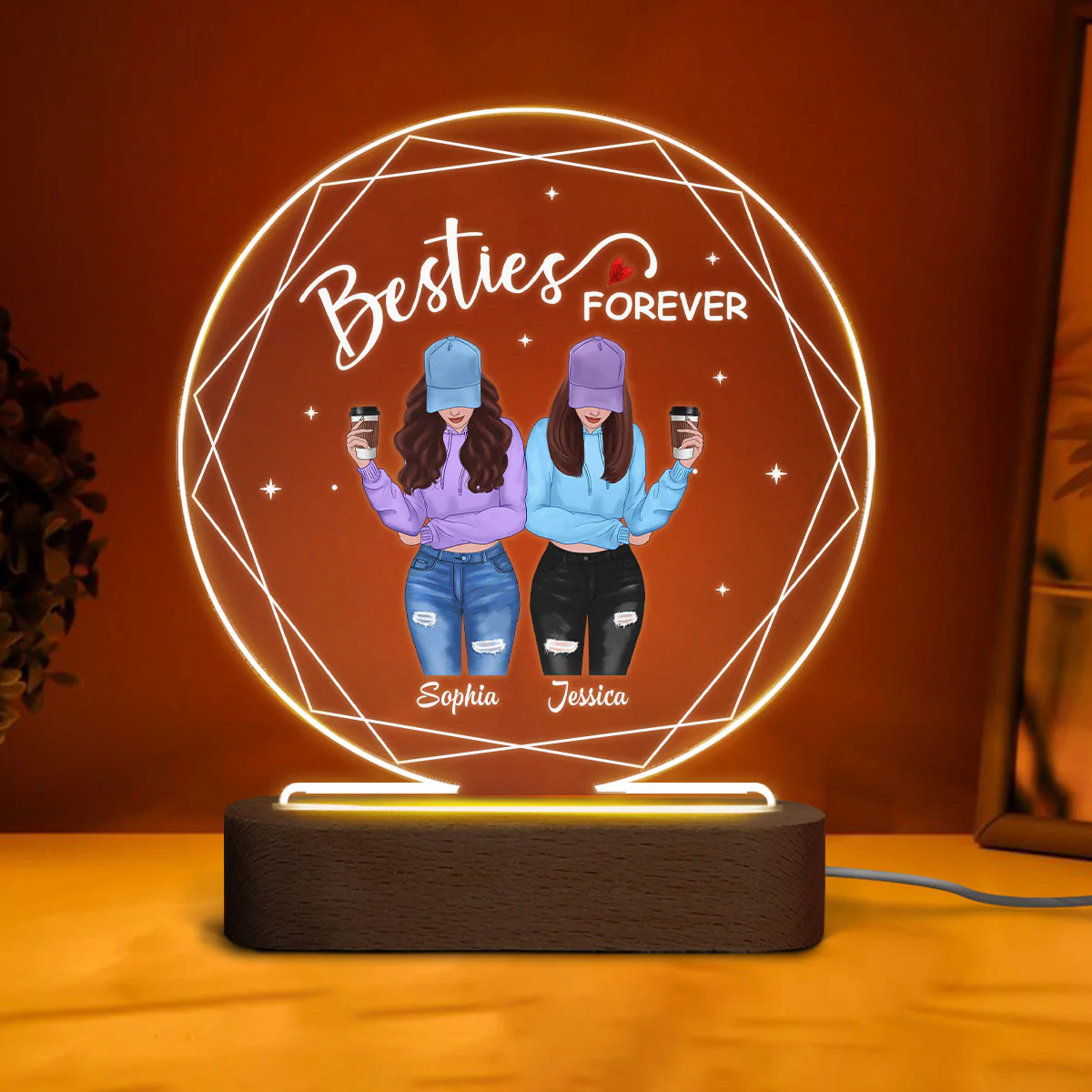 Hexagon Frame Front View Besties Personalized Circle Acrylic Plaque LED Light Night - Image 3