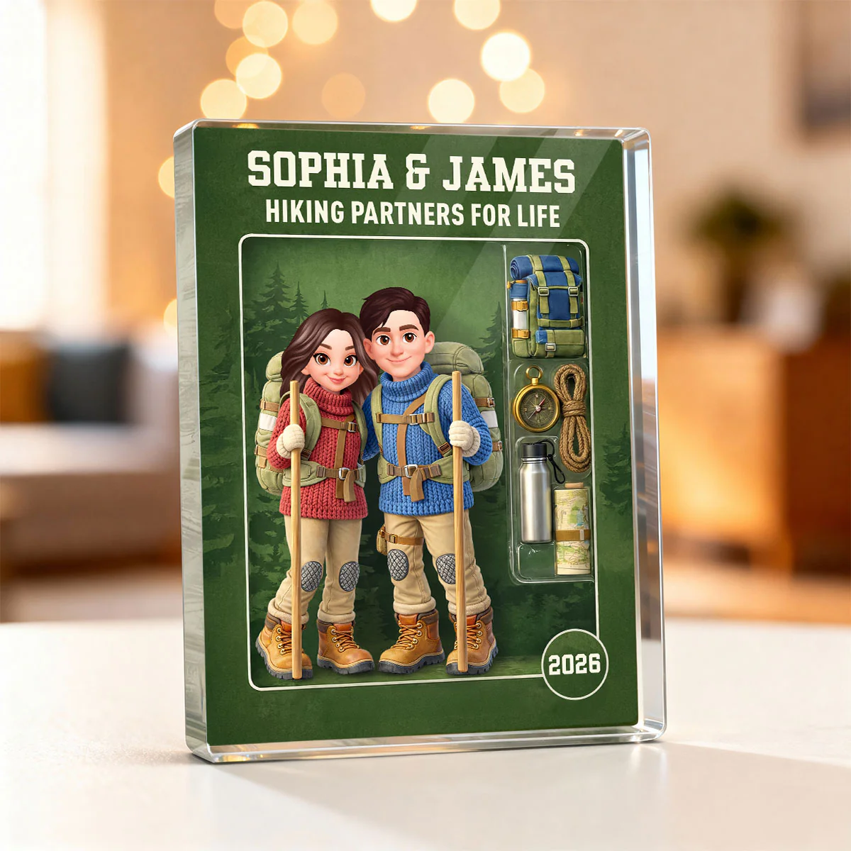 Hiking Couple Action Figure - Personalized Acrylic Block Plaque - Anniversary, Valentine's Day Gift, Gift For Him, Gift For Her - Image 2
