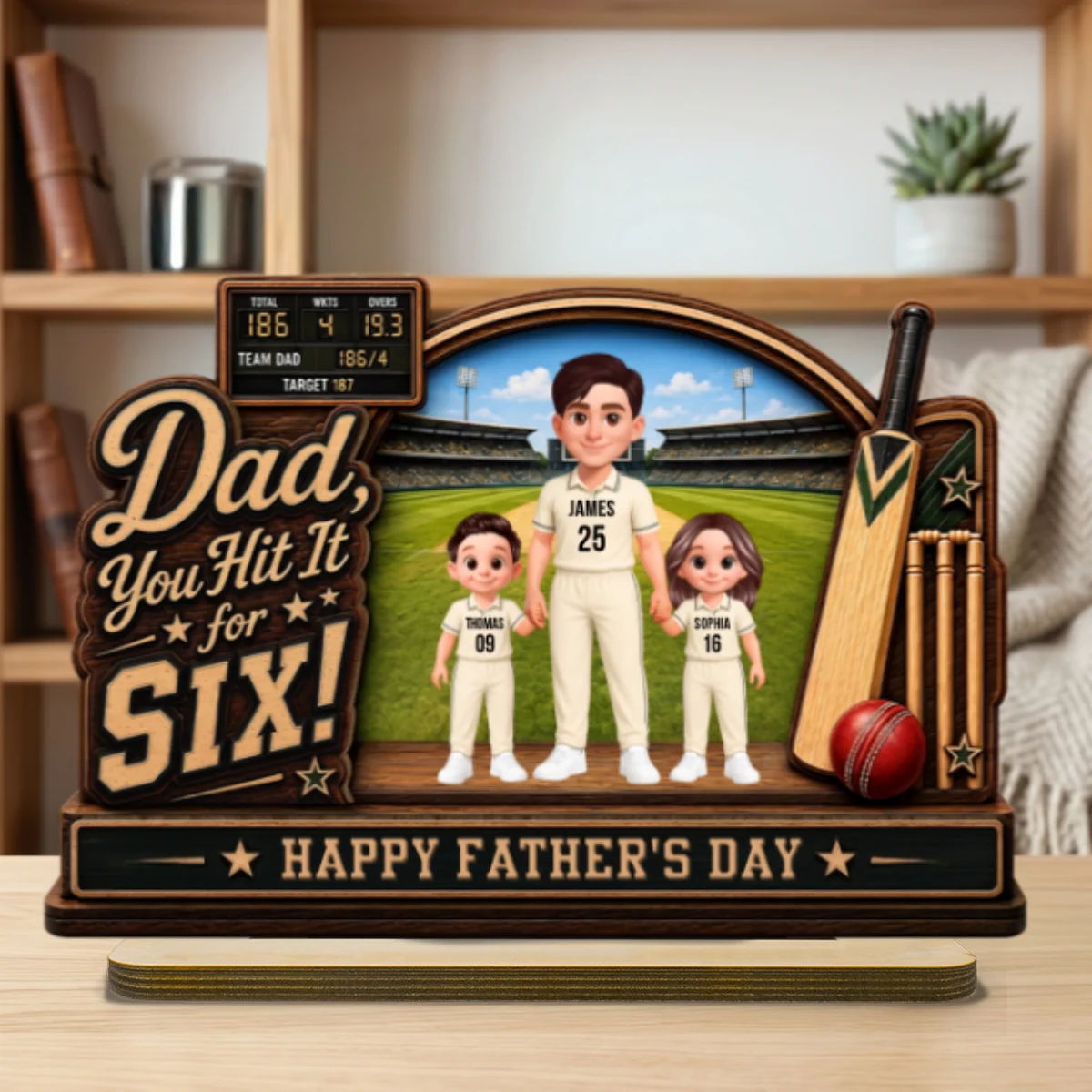 Hit A Six With The Best Dad Cricket Dad & Kids On Court - Personalised 2-Layered Wooden Plaque - Gift For Husband, Dad - Image 10